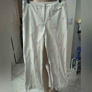 VINTAGE BLACK LABEL Lilly Pulitzer Cream Pants W/ Pink Embroidery "GOLFING" SZ 8